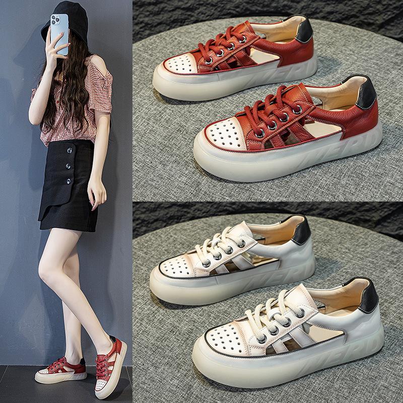 Crocs Women's Shoes Retro Lace-up Casual Shoes Soft Leather Flat Student Board Shoes