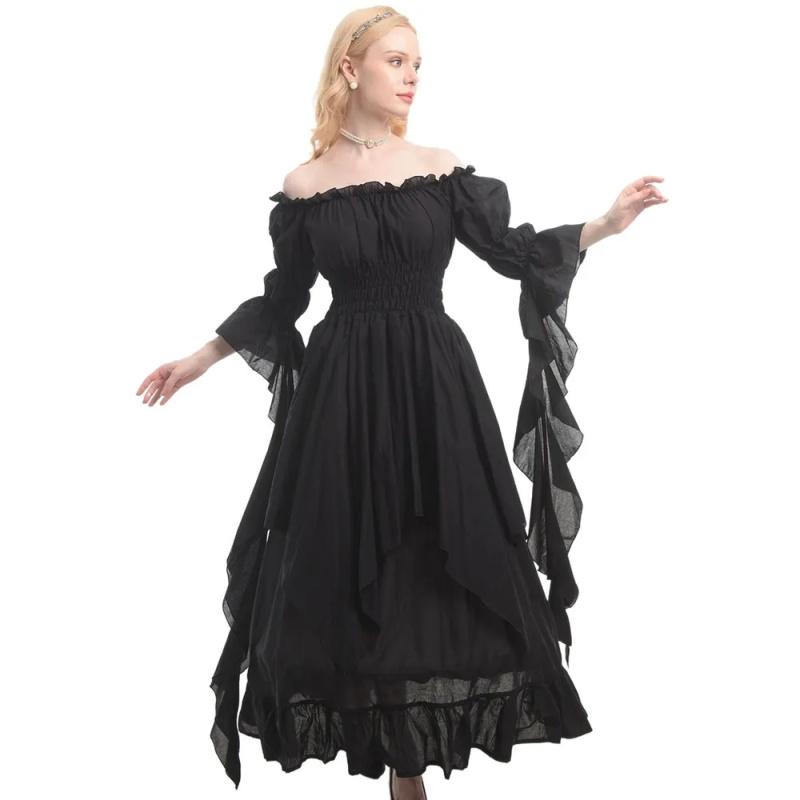 

Women s Lace Flared Off The Shoulder Sleeve Retro Gothic Long Dress Ball Princess Skirt M чорний