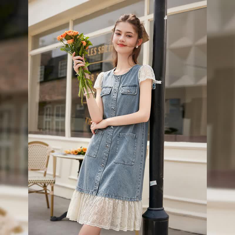 Women s Retro Denim & Lace Patchwork Midi Dress XL
