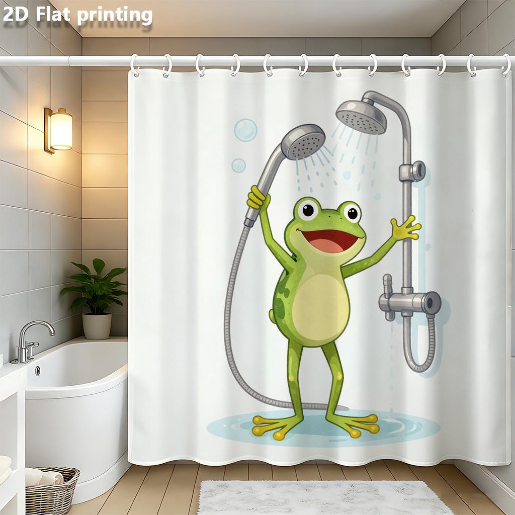 

Cartoon Frog Shower Curtain 1Pc Polyester 2D Flat Print 70.8X70.8 Green Amphibian With Showerhead Grommet Top W60H190(CM)-1 Pcs