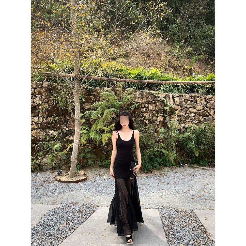 

Белое сетчатое платье на бретелях женское летнее французское новое для морского отдыха огромное красивое с юбкой годе и облегающее бедра XL- (recommended 110-60kg) чёрный