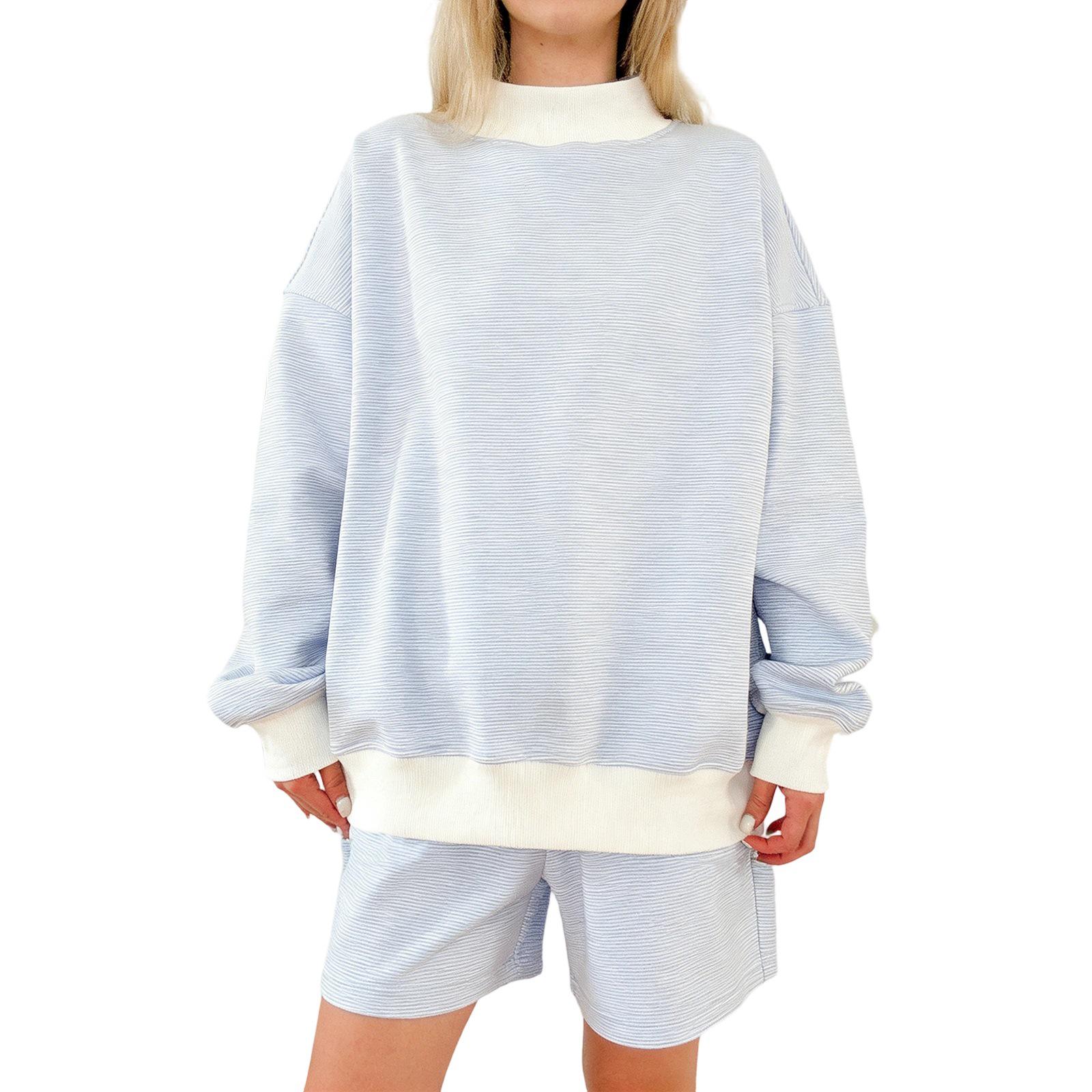 

Autumn 2026 European & American Trendy Striped Long Sleeve Shorts Two-Piece Set for Women Small небо синє кольору