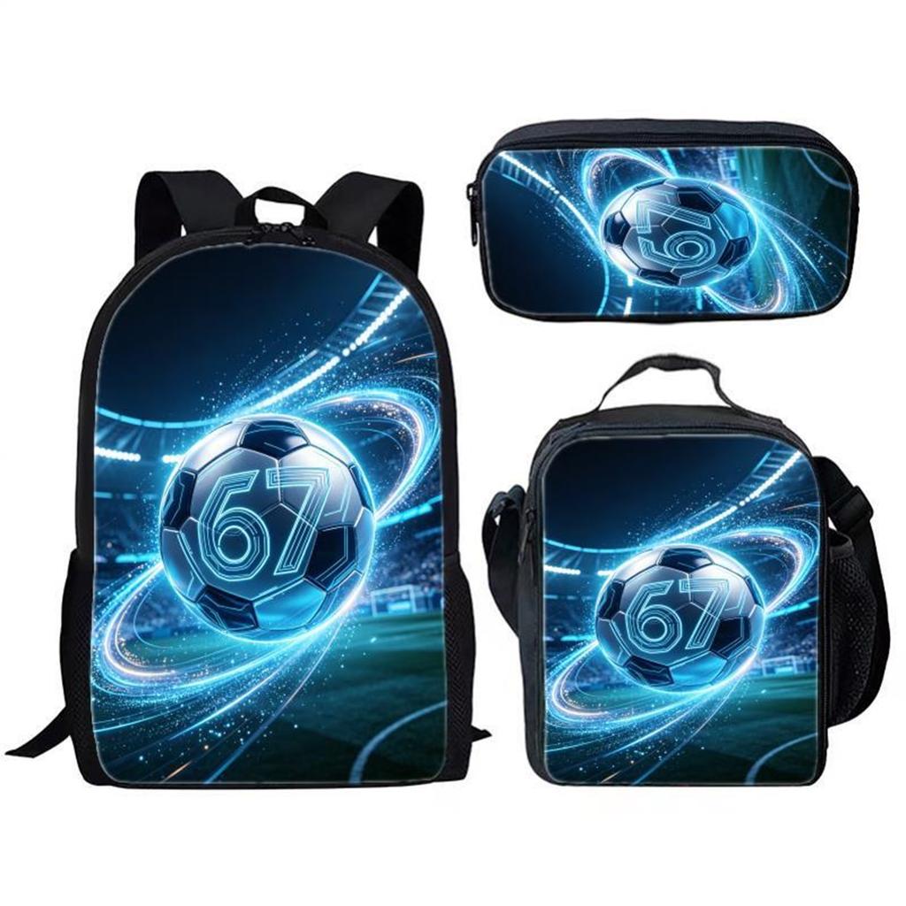 Three Piece Student Backpack Set Includes Backpack Lunch Bag Pencil Case Durable Material Suitable for School Use Sports Theme Design