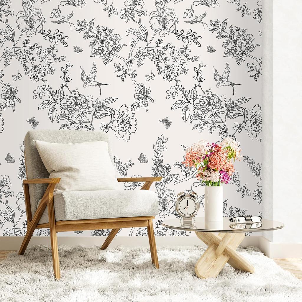 Grey Floral Birds Peel And Stick Wallpaper Self Adhesive Leaves Contact Paper Removable for Cabinet Wall Decor