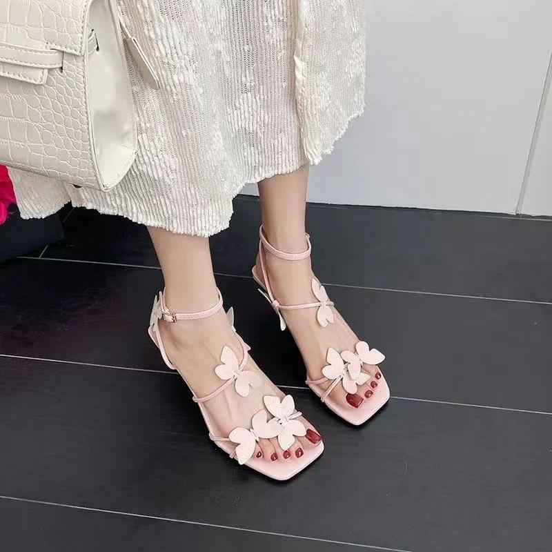 Summer Women's Butterfly High Heel Sandals Square Toe Buckle Casual  Shoes Elegant Stiletto Heel Ankle Strap Party