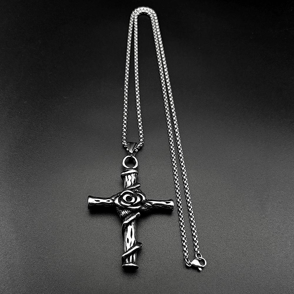 Stainless Steel Christian Rose Flower Jesus Cross Pendant Necklaces for Men Women Silver Color Vintage Chain Faith Jewelry Gift