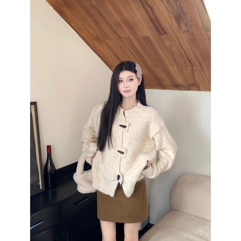 Kumikumi Gentle Style Solid Elegant Horn Buckle Long sleeve Knit cardigan Women clothes Autumn Loose All-Match Top
