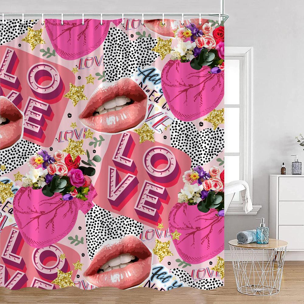 Pink Perfume Shower Curtains Cosmetic Lipsticks Red Lips Flower Panther Pattern Bathroom Decorations Polyester Bath Curtain