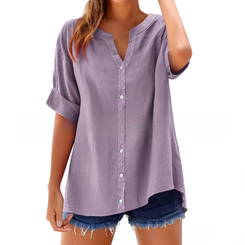 Women Shirt V-neck Short Sleeve Buttons Placket Shirt Tops Solid Color Loose Fit Casual Blouse Daily Wear