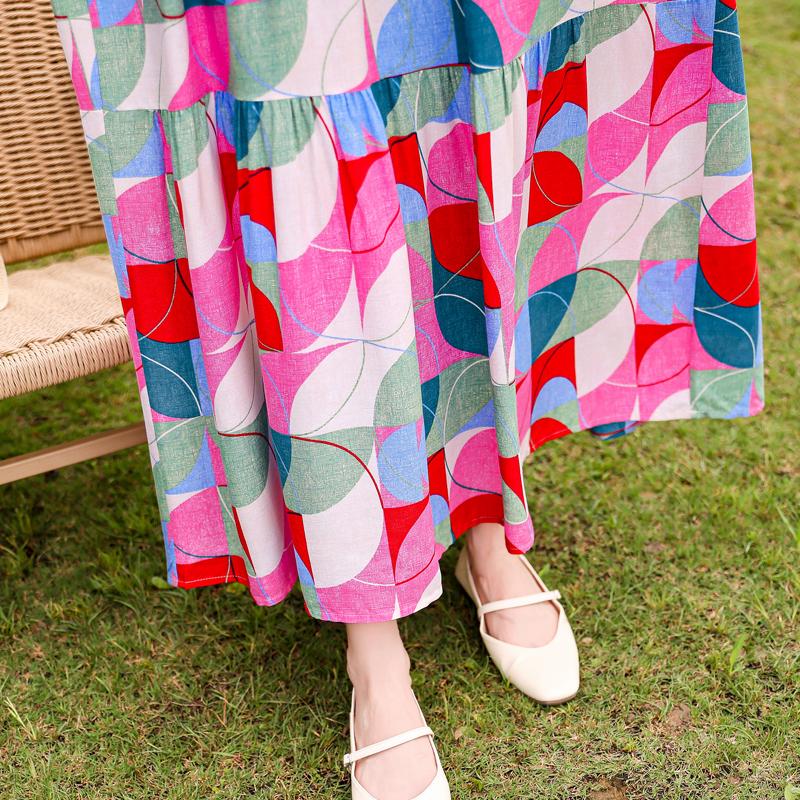 Elegant Sleeveless Dress for Women Plus Size Short Sleeve Vintage Print Long Dress Summer Casual Middle-aged Women's Clothing