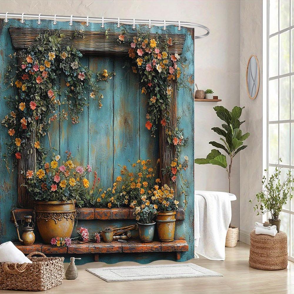 Rustic Floral Wreath on Blue Wood Waterproof Shower Curtain for Bathroom Decor