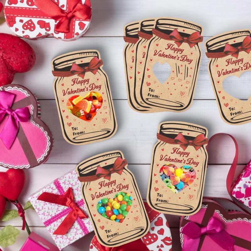 48Sets Valentines Day Cards Mason Jar Gift Cards with Treat Bags for Kids School