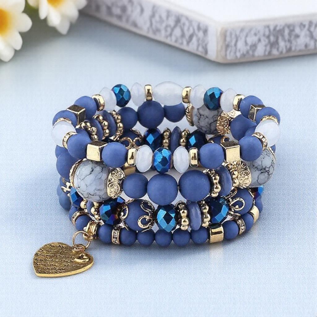 Boho Crystal Bead Bracelets for Women Elastic Heart Letter Bangles Wristband Yoga Jewelry Gift Set 4Pcs