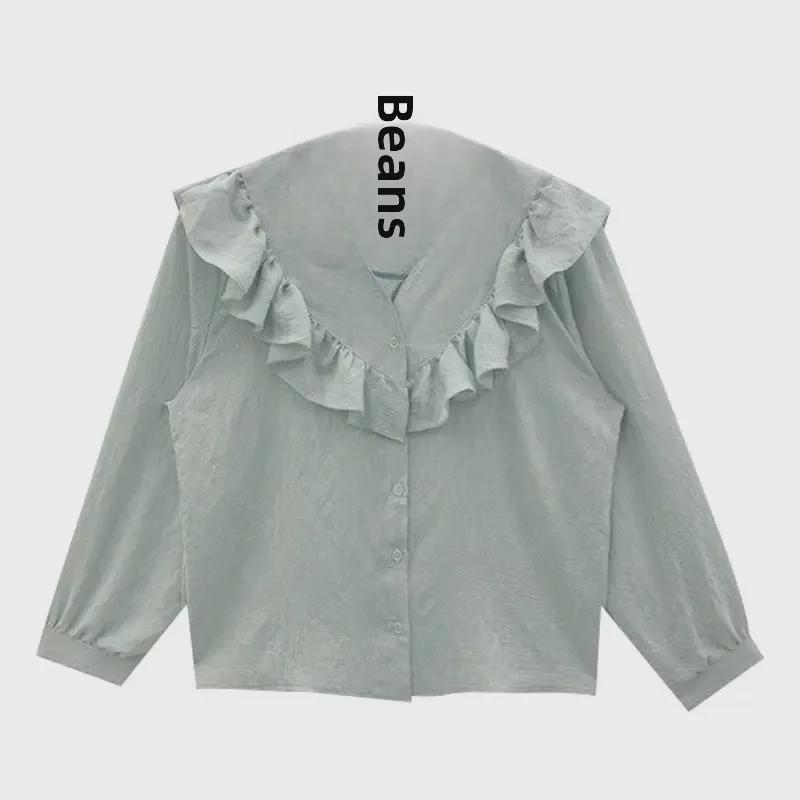 Korean Dongdaemun Women's V-Neck Ruffle Long Sleeve Shirt - 2025 Spring/Autumn Collection