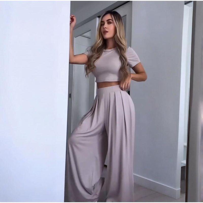 

In Stock 2025 Summer Cross-Border European and American Foreign Trade Women clothes round Neck Solid Sexy Wide Leg Pants Fashion Casual Set Women Lotus root color XL
