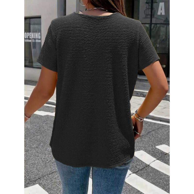 Camiseta Elegante Gola Boneca Tamanho Grande para Mulheres Cor Sólida Manga Curta Botões Plissados Tops Verão Solta Casual Simples Doce Camisa Roupa Feminina