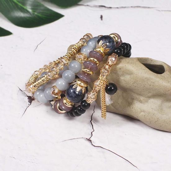 4Pcs/Set Boho Faux Agate Pearl Tassel Chain Charm Beaded Bracelet Women Jewelry
