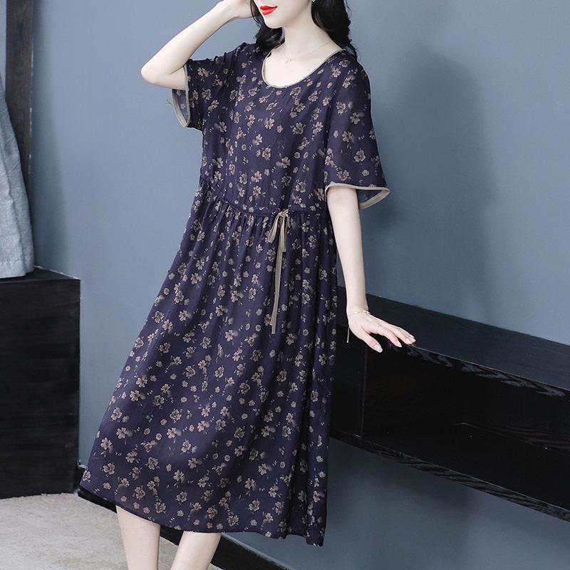 

Elegant Mid-Age Plus Size Chiffon Printed Dress for Women XL (120-140 jin)