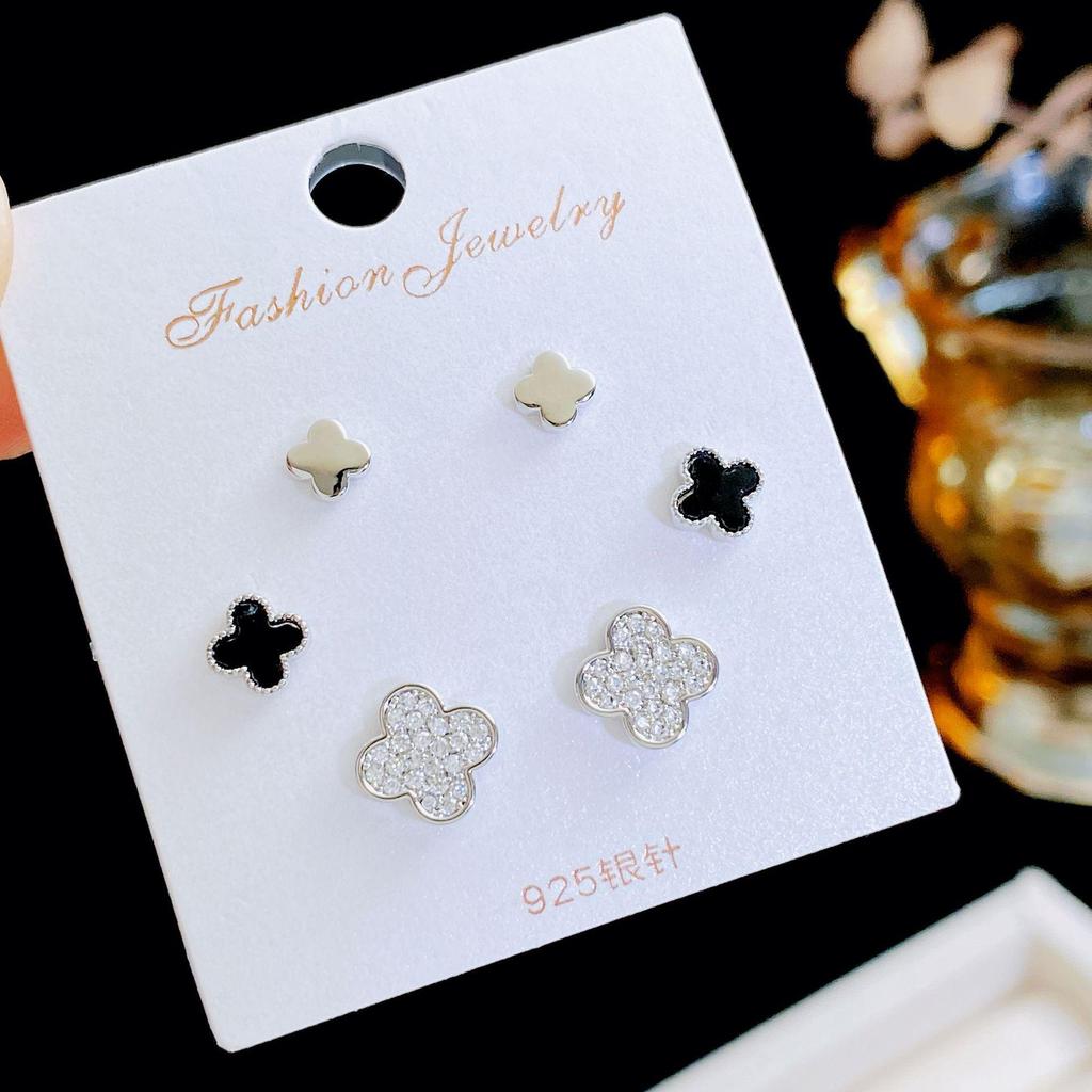 Kanamina Prachtige Vierklapper Diamant-Belegde Oorbellen, s925 Zilver, Veelzijdig Modeaccessoire (Set van Drie Paren)