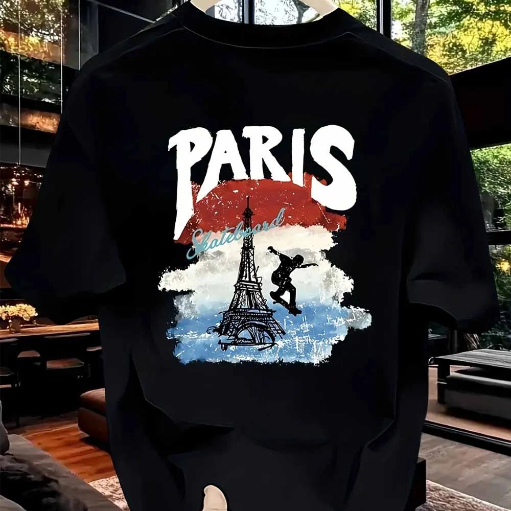 Men Paris Graphic Print Tshirts Summer Casual Fashion High Street Harajuku Tops Oversize Crew Neck Short Sleeve Cotton Tshirts