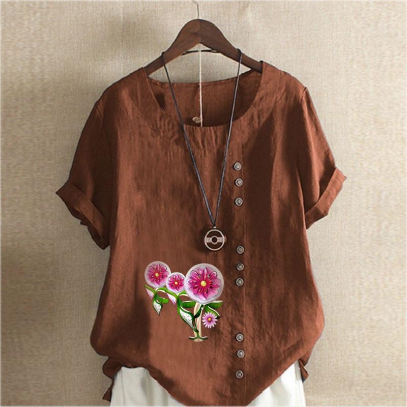 Women's Fashion Flowers Prined Short Sleeve T-shirt Loose Cotton Shirt Casual Loose Summer Blouse Tops