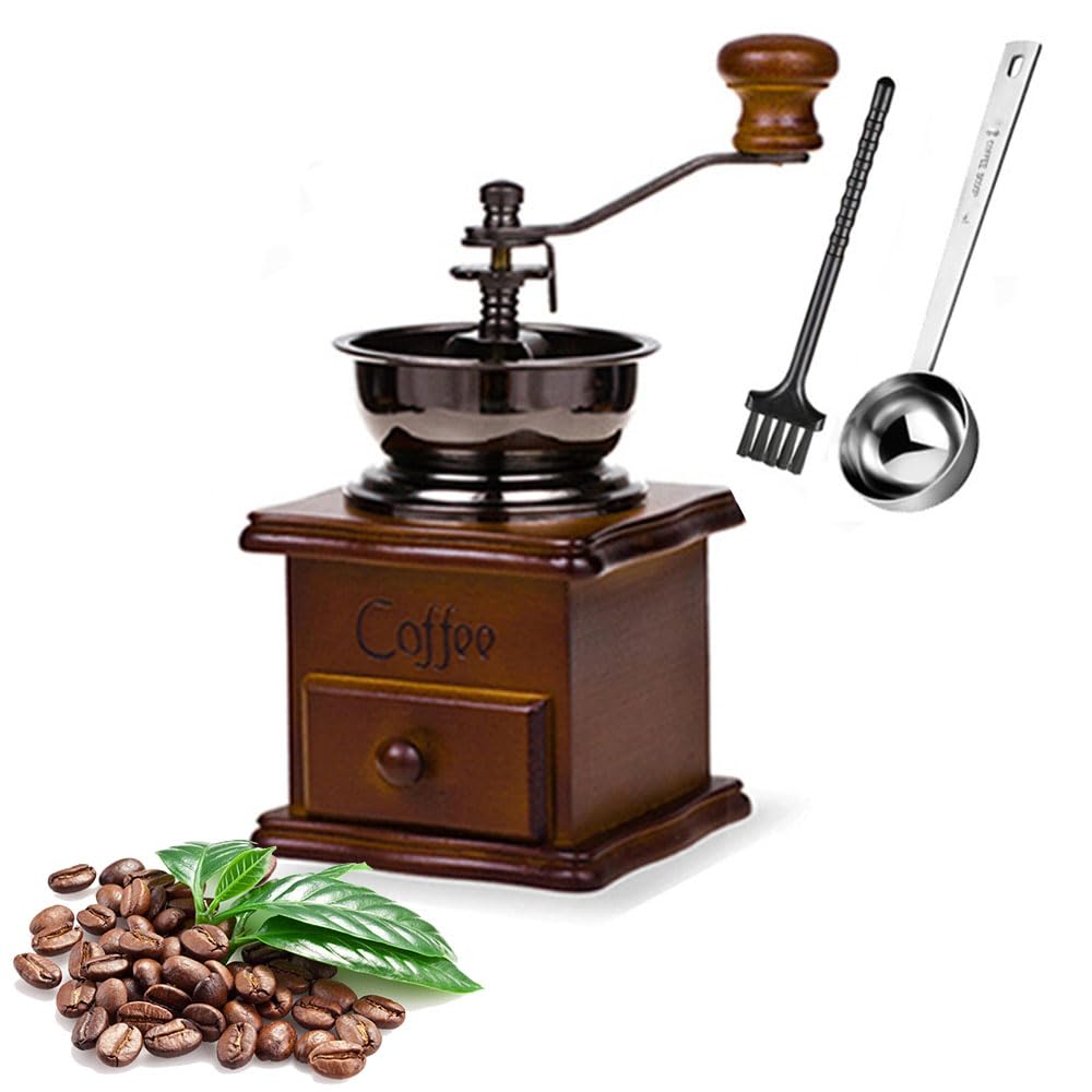 Portable Wooden Coffee Mill with Ceramic Mortar, 304 Steel Spoon and Brush Included, Compact, Lightweight, Portable, Easy To Clean, and Adjustable