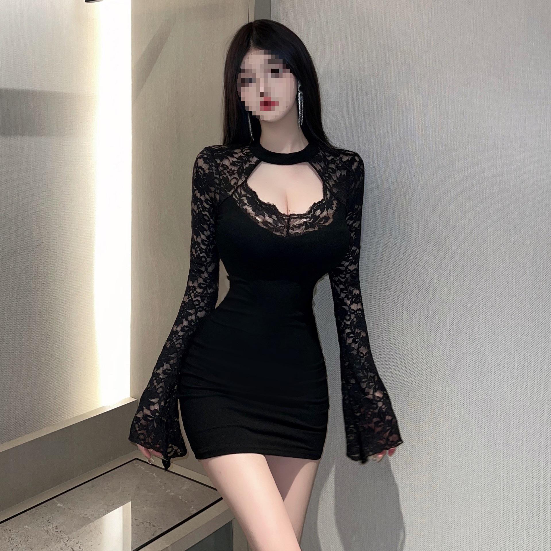 

Women s Autumn Black Long Sleeve Lace Patchwork Dress - Slim Fit, Waist-Cinched, Hip Hugging Short Skirt Extra Large чёрный