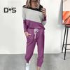 2 Pcs/Set Women Top Pants Suit Round Neck Long Sleeves Colorblock Sport Sweatshirt Drawstring Elastic Waist Trousers Fitness Outfit Fall Spring