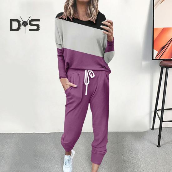 2 Pcs/Set Women Top Pants Suit Round Neck Long Sleeves Colorblock Sport Sweatshirt Drawstring Elastic Waist Trousers Fitness Outfit Fall Spring