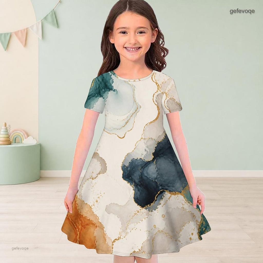 Girls Round Neck Short Sleeve Abstract Marble Printed A Line Flared Dress