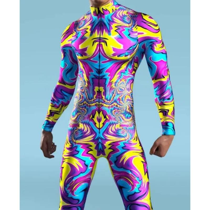 3D Printed Multicolour Cosplay Costume Men Women Front Zipper Zentai Bodysuit Halloween Party Jumpsuits Carnival Holiday Outfit