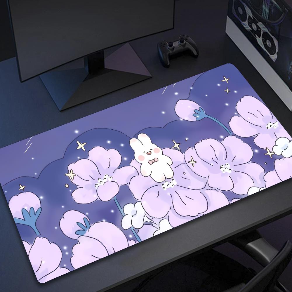 Cute Bunny Purple Flower Mouse Pad Large Computer Office Game Table Mats XXL Rubber Anti-slip Keyboard Mousepads Long Desk Pads