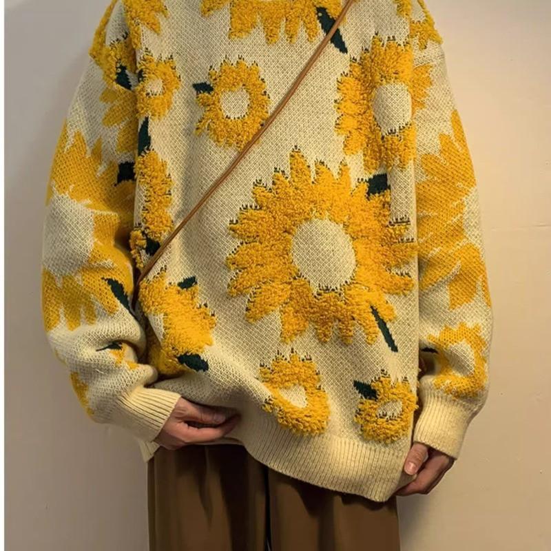 Unisex Retro Slunečnicový Sametový Pletený Svetr Volný Střih Dlouhý Rukáv Pulovr Pro Dospívající Ležérní Zimní Oblečení