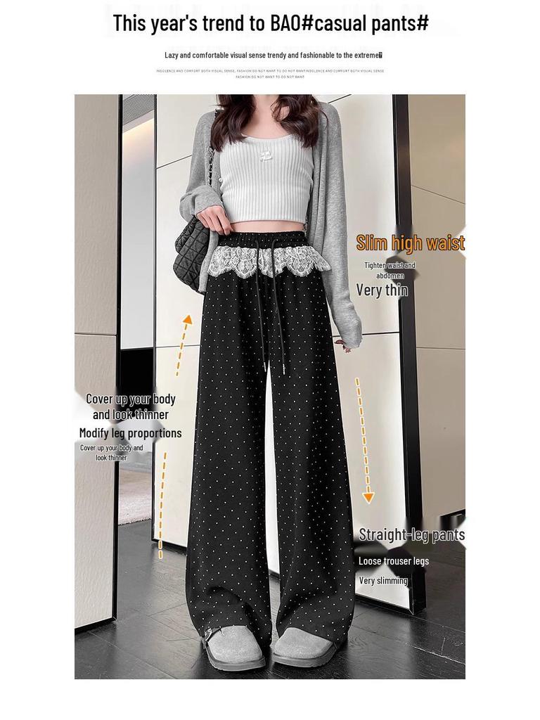 Black Polka Dot High Waist Lace Trim Wide Leg Sporty Pants for Women - Slimming, Casual, Spring/Autumn 2025