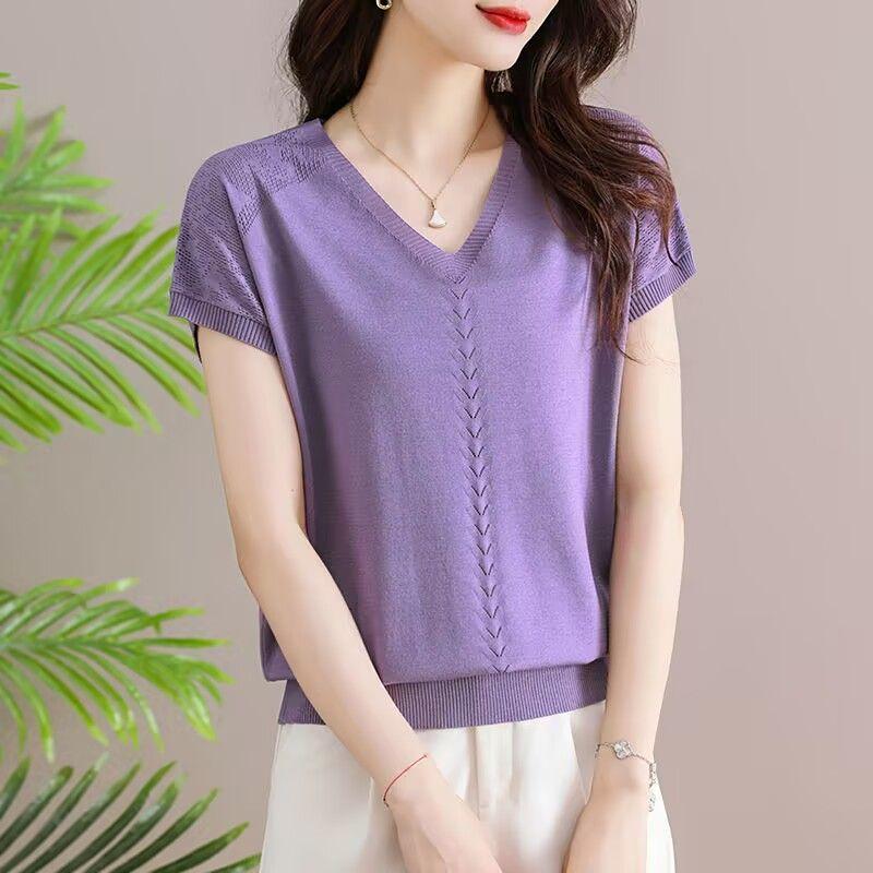 Women's Knitted T-shirt Summer Middle Aged Mom Summer Clothes Short Sleeved T-shirt Women's V-neck Shirt