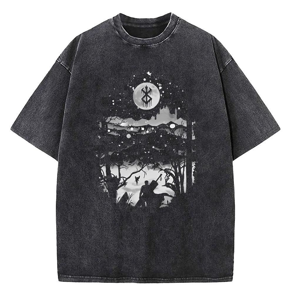 2026 Anime Berserk Guts Graphic Printed Tee Men Women Vintage Washed Casual Tshirts High Quality Cotton T Shirt Harajuku Male T-shirt