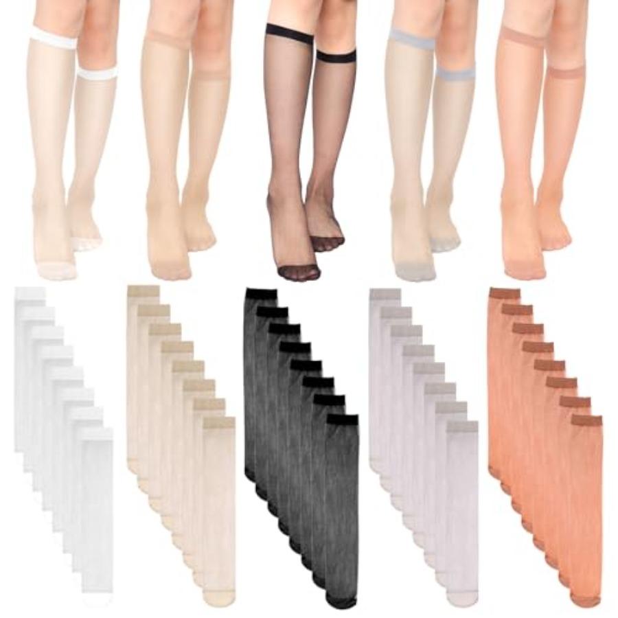 20 Paar Kniestrümpfe Strumpfhosen Mit Verstärkter Nylonspitze Durchsichtige Kniestrümpfe Für Damen 5 Farben white