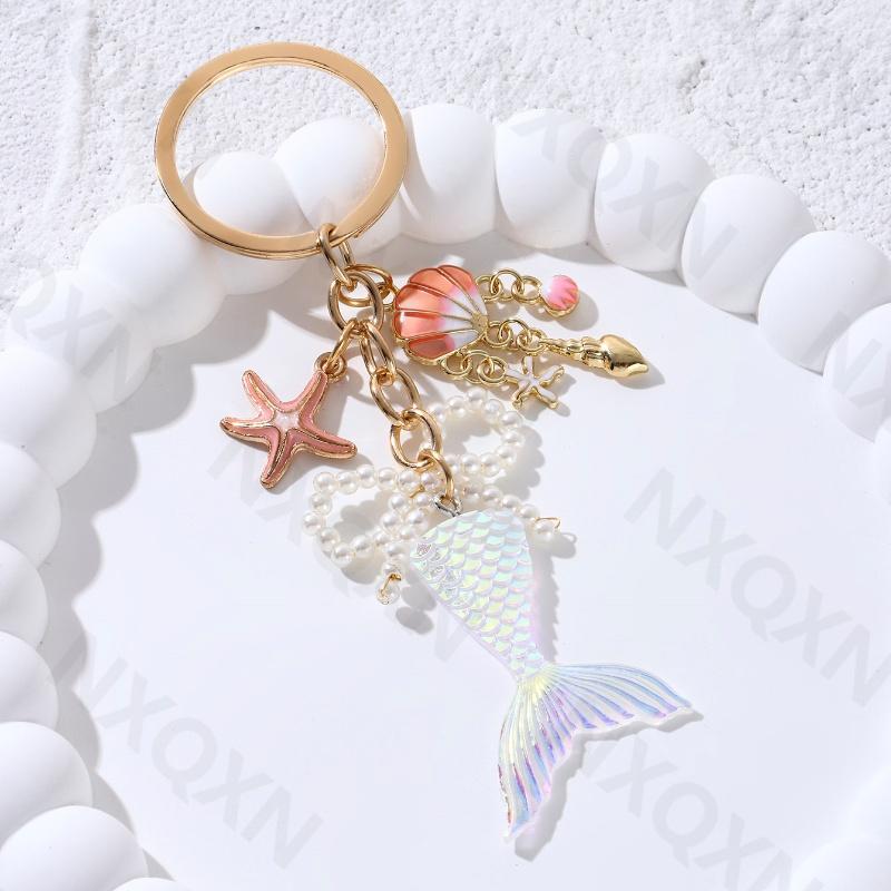 Ocean Pretty Fish Tail Starfish Shell Preal Enamel Keychain Sea Life Animal Key Ring For Women Girl Handmade Friend Gift Jewelry