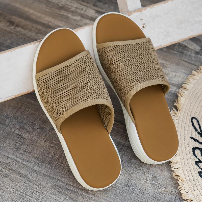 Flat Bottom Slippers Women Summer Round Head Mesh One Word Outer Wear Breathable Casual Sandal Slippers