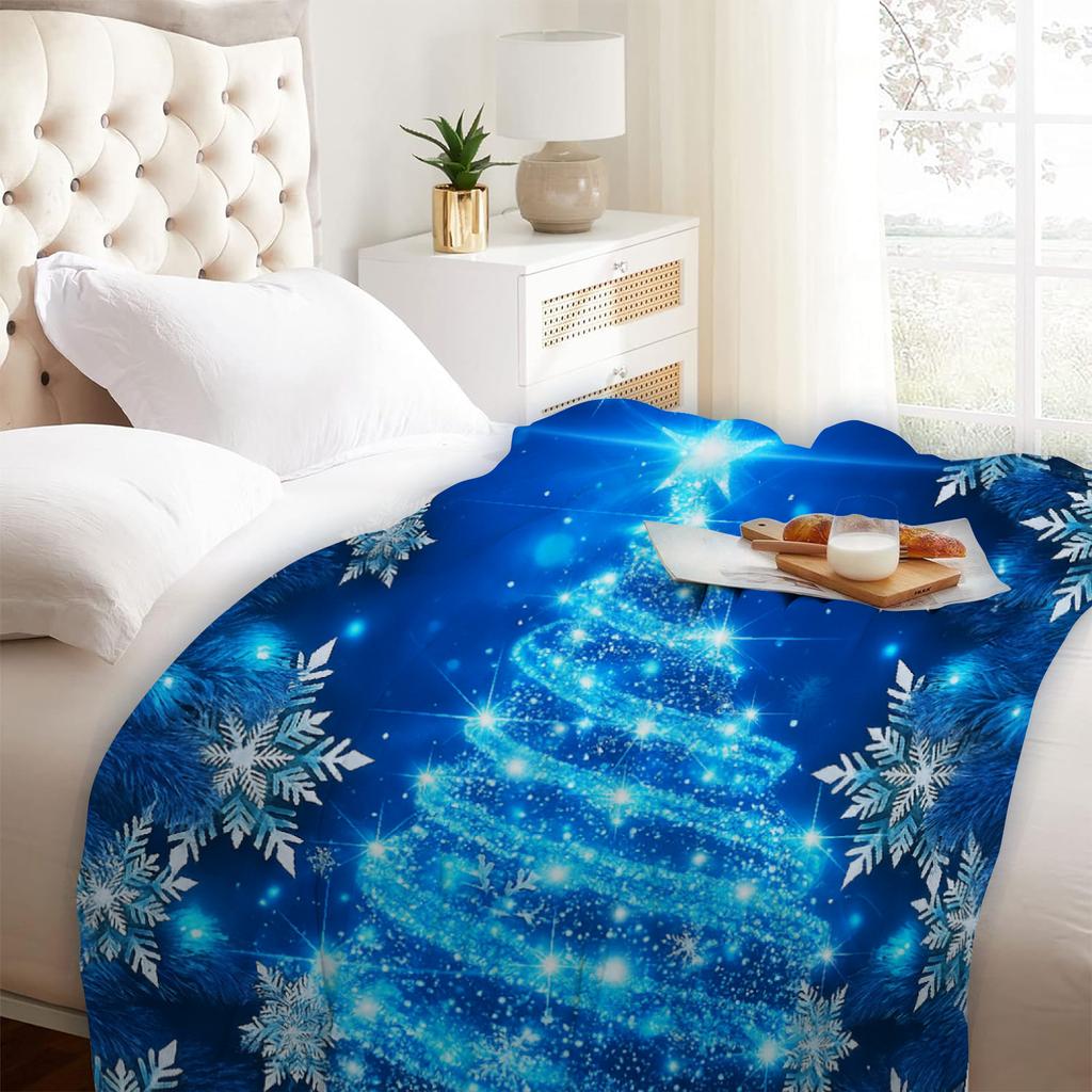 1pc Soft Christmas Tree Print Plush Blanket Blue Xmas Theme Snowflake All Season Use Washable Throw Blanket for Girls Daughter