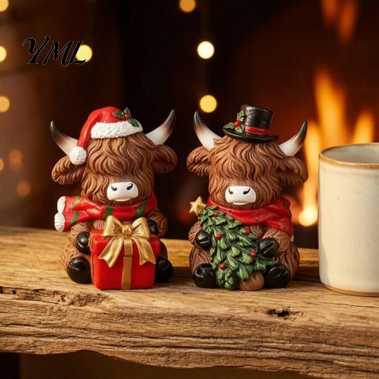 Cute Cattle Desk Ornaments Christmas Highland Cow Figurine, Resin Holiday Statue with Santa Hat & Holly Theme Decor Gift Box, Sitting Calf Desktop