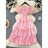 French Style Gentle Style Niche Square Collar Puff Sleeve Beads Waist Hugging Tie-dye Print Mesh Dress Women Temperament Long Dress
