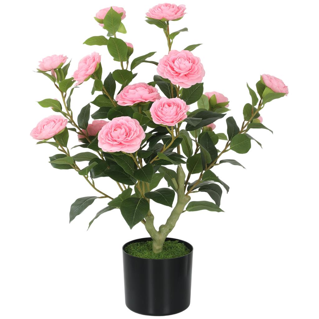 65cm Artificial Camellia Flower Plant In Pot With 116 Lush Leaves And Moss Effect Pink