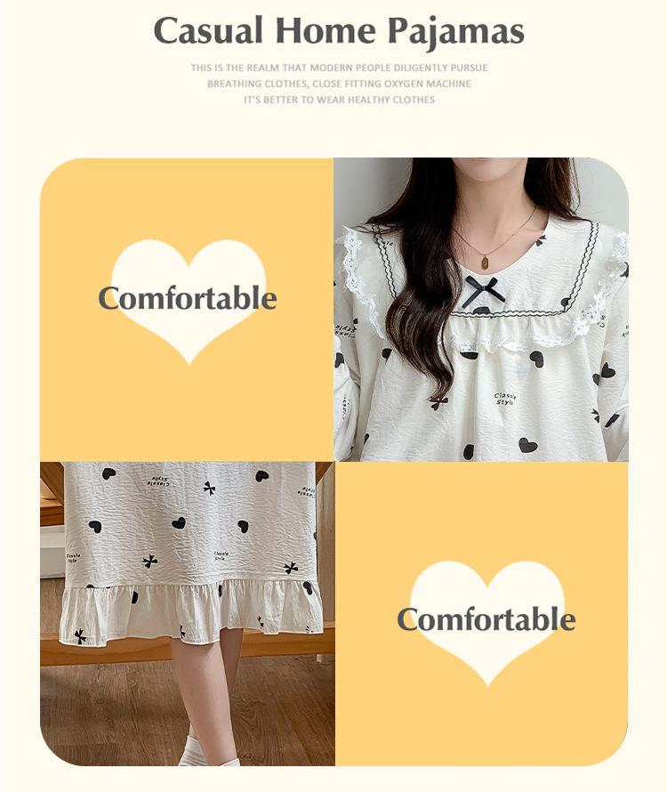 Spring & Autumn Lace Long Sleeve Cotton Nightgown with Fixed Chest Pad