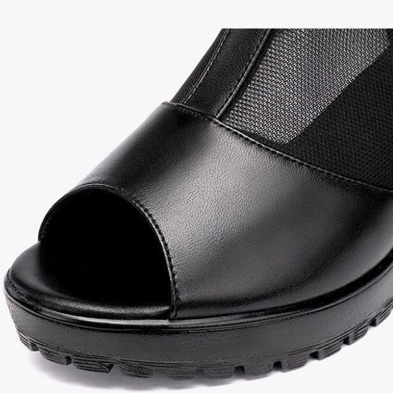 Leather Mesh Sandals Women's Summer Soft Bottom Mother's Cool Shoes Thick Heels Fish Mouth Roman Rear Zipper