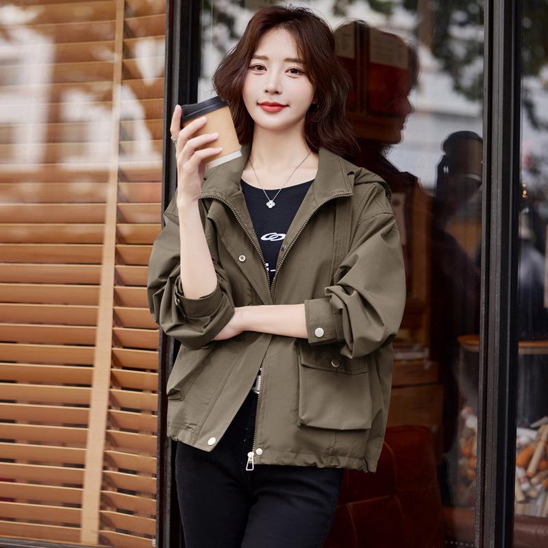 

Дизайнерская фуксиновая куртка с капюшоном женская весенне-осенняя новая тонкая повседневная свободная маленькая короткая тренч 2XL армия зеленый