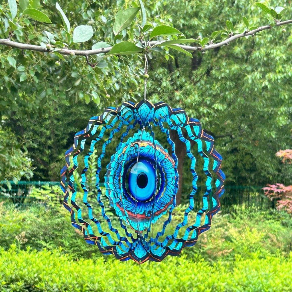 Kinetic Metal Evil Eye Wind Spinner - Intricate Blue & Turquoise Stained Glass Design - Versatile Indoor/Outdoor Art for Garden, Patio