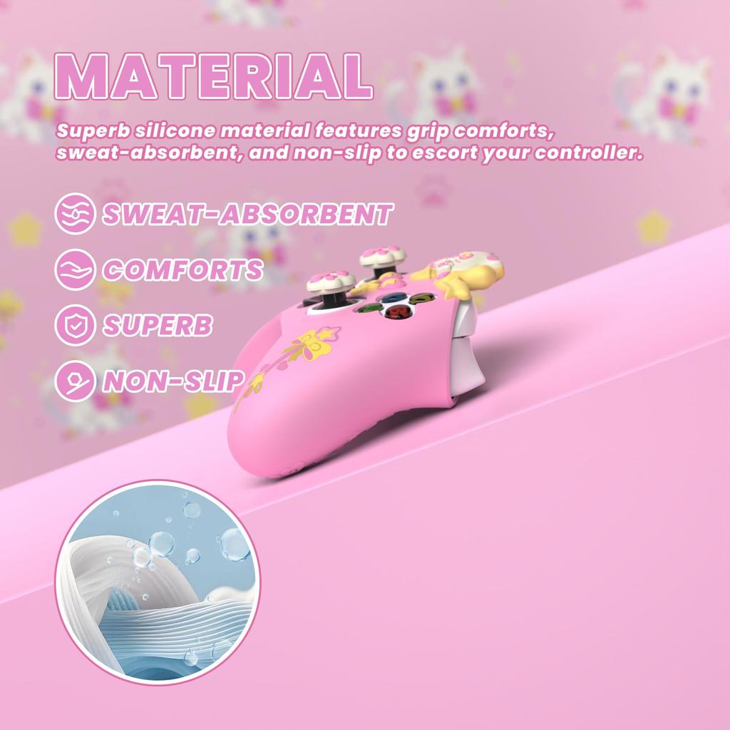 PlayVital Sweetheart Kitty Silicone Cover for Xbox Series Includes Thumb Grips and Cute Grip Cover X/S Controllers, Stickers, Design, Non-Slip [Pink]