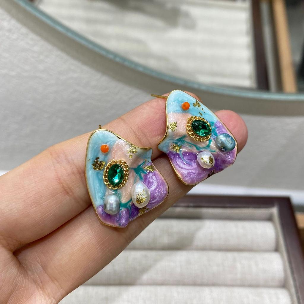 Freshwater Dripping Oil Flower Fritillary Stud Earrings French Fashion Light Luxury Temperament Earrings Light Luxury High Sense Oil Painting Earrings