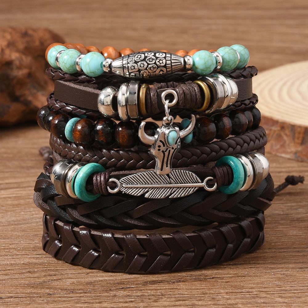 Retro European & American Men's Bracelet Set: Heart, Sunflower, Feather, Multi-Layer Design, 6-Piece